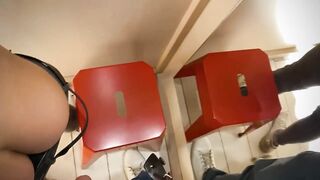 Boyfriend with a head-mounted camera has an 18-year-old sweetheart in the anus in the fitting room of the store, cumming on her lower back