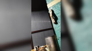 A young naughty girl with delicious tits and round buttocks gives blowjob and fucks with her partner in the steam room