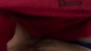 A lady in a red sweater fucks with her lover in blue panties and filming her on camera with a close-up